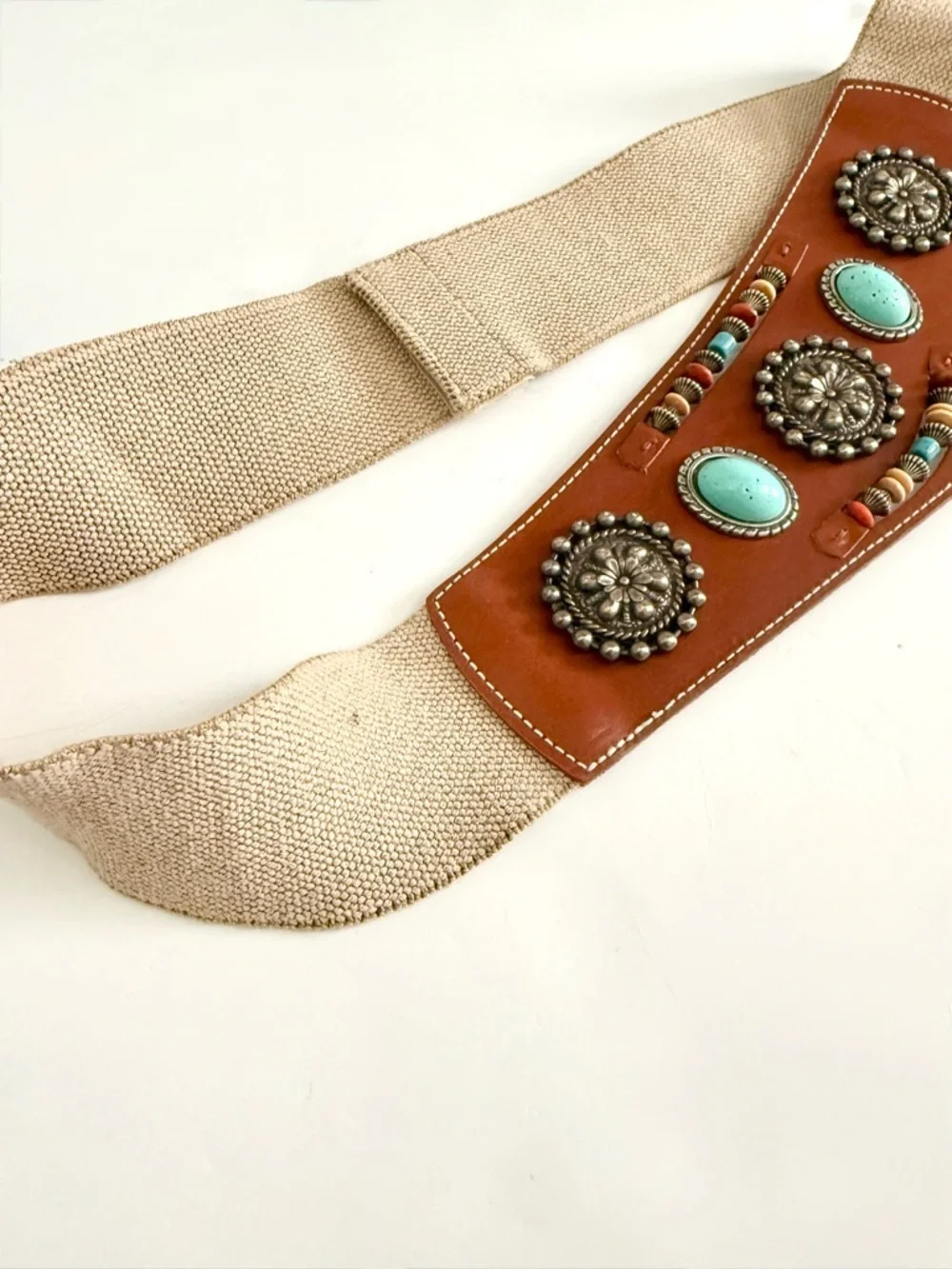 Patricia Green Details Vintage Belt Beaded Silver Turquoise Boho Woven Leather